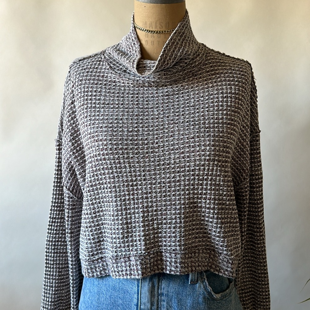 Free People Waffle Knit Mock Neck Long Blousy Sleeve Crop Sweater, Medium